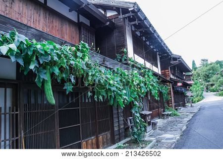 Kiso valley is the old town or Japanese traditional wooden buildings for the travelers walking at historic old street in Narai-juku Nagano Prefecture JAPAN.