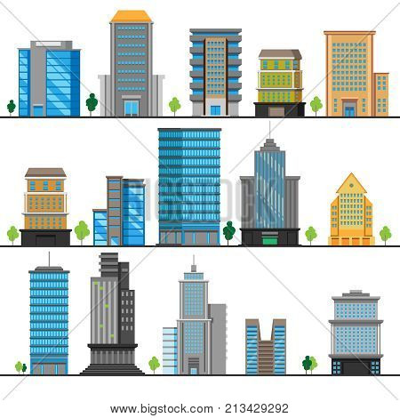 A set of different building objects. Multi-storey buildings in different designs. The concept of the construction business. Vector illustration.