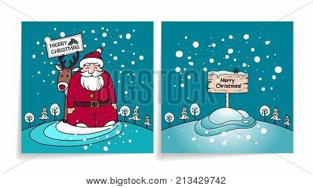 Merry Christmas card with Santa Claus. Cover and back of holiday card. Snowy winter background, Santa with gifts and reindeer
