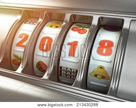Happy New Year 2018 in casino. Slot machine with number 2018. 3d illustration