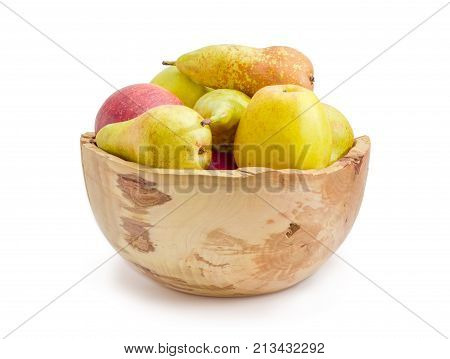 European pears Bosc and apples in the vintage wooden fruit bowl on a white background