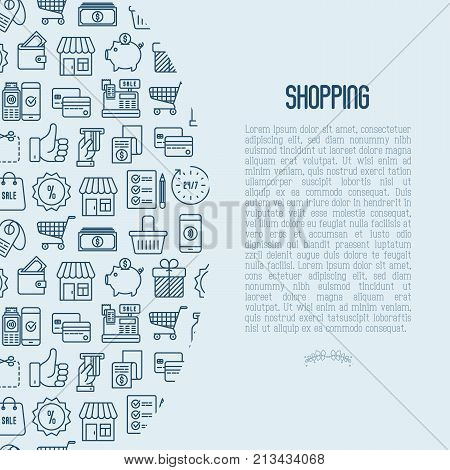 Shopping concept with thin line icons: cashbox, payment, pos terminal, piggy bank, sale, currency, credit card, trolley. Vector illustration for banner, print media.