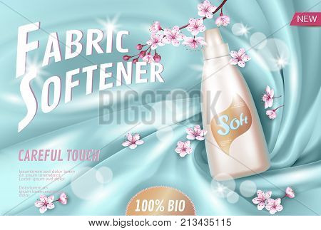 Sakura flower fabric softener promotional poster template. Pink petal blossom japanese branch aroma. Golden package realistic 3d silk light blue soft satin background vector illustration art