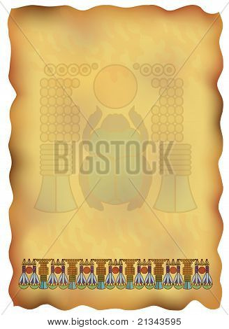 Ägyptischer Papyrus mit Ornamenten und Skarabäus.