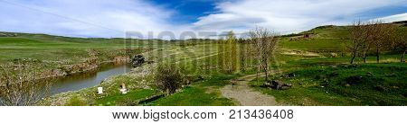 Landscape of Akhuryan river near Marmashen monastery at Shirak Province in Armenia