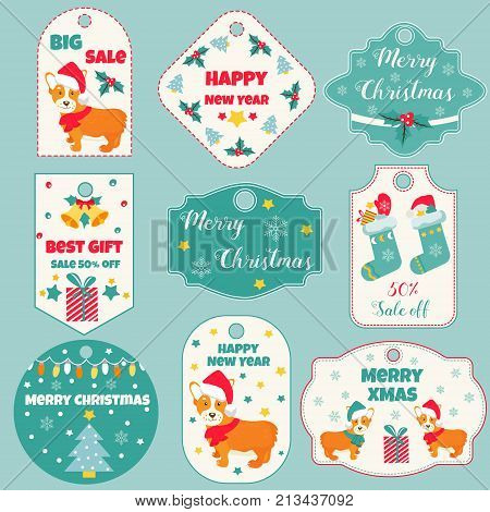 Set of Holiday badges and tags with cute dogs.