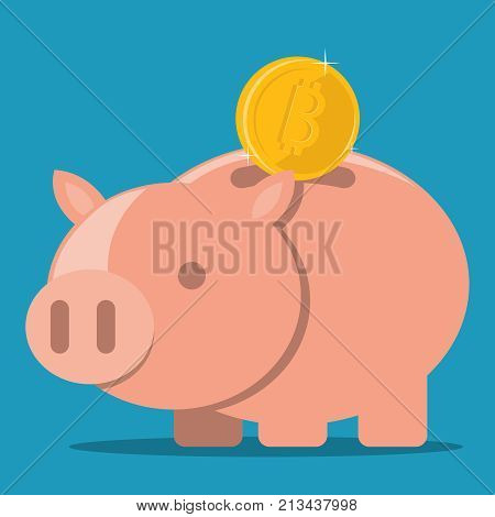 Bitcoin gold coin falls into piggy bank. On a blue background. Vector illustration. The concept of finance.