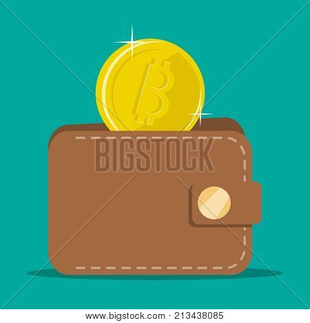 The gold bitcoin falls into a brown wallet. Vector illustration. The concept of finance.