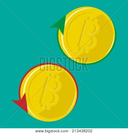 Two gold bitcoins on a turquoise background. Around the red and green arrows. The concept of finance. Vector illustration.