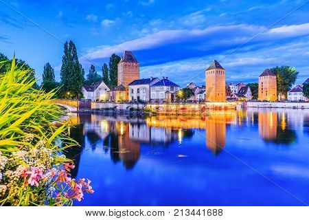 Strasbourg Alsace France. Medieval bridge Ponts Couverts.