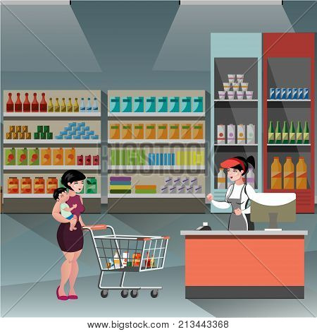 Woman in supermarket with casher girl. Vector illustration