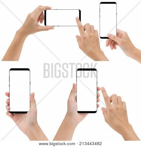 hand holding and touching phone mobile set isolated on white background
