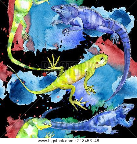 Exotic iguana pattern in a watercolor style. Full name of the reptilian: iguana. Aquarelle exotic reptilian for background, texture, wrapper pattern or tattoo.