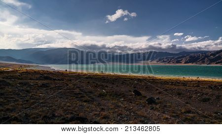 Panoramic view to Orto-Tokoy Reservoir at Chu river in Naryn Kyrgyzstan