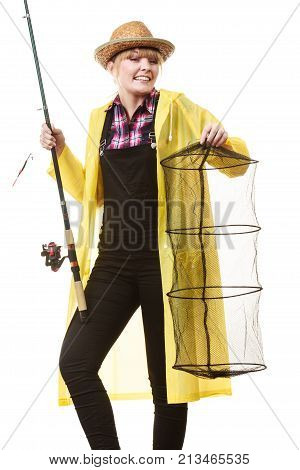 Happy Woman Holding Fishing Rod And Keepnet
