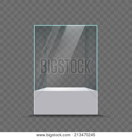 Glass showcase for the exhibition in the form of a cube. Isolated on transparent background. Stock vector illustration.