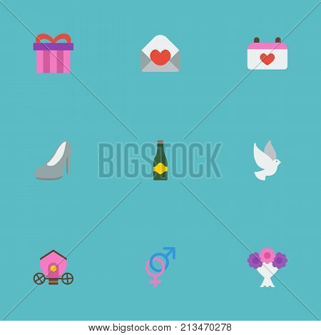 Set Of Marriage Flat Icons Symbols Also Includes Brougham, Gharry, Dove Objects.  Flat Icons Pigeon, Posy, Sandal Vector Elements.