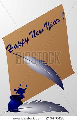 Happy New Year! - scroll with feather pen and ink - vector , Letter , Vellum or papyrus