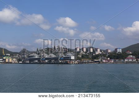 Tuapse, Krasnodar region, Russia - July 8, 2013: View of the seaport and the city of Tuapse Sea