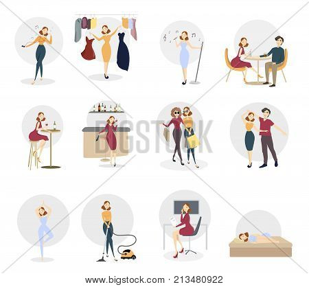 Woman entertainment set. Shopping and dancing, drinkig wine
