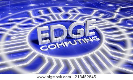 The word edge computing on a blue network surface surrounded by circuit wires 3D illustration