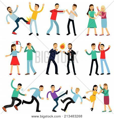 Cartoon illustration set of angry people fighting and shouting at each other. Male and female characters making loud public scandal. Aggressive and violent behavior. Flat vector isolated on white.