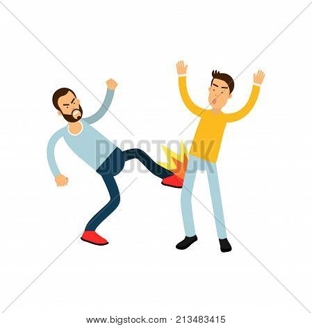 Brutal bearded man in blue sweater beats another guy in leg. Aggressive behavior. Street fight concept. Cartoon people characters. Vector illustration in flat style isolated on white background.