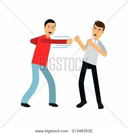 Man in red sweater attacking guy in gray shirt with fists. Fighting people. Aggressive and violent behavior. Male characters in flat style. Cartoon vector illustration isolated on white background.