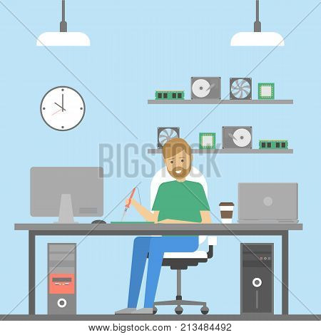 Computer reapir service. Man repairing broken computer.