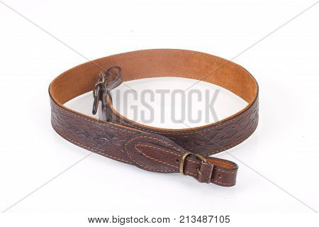 Armored Brown Leather Belt On White Isolated Background
