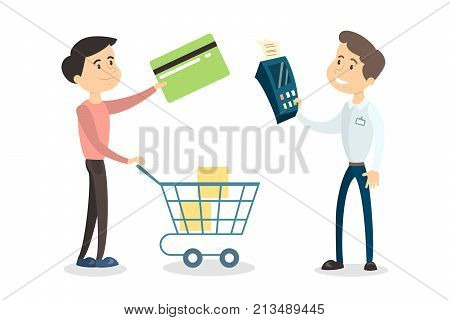 Payment with card. Man paying for products with card and pos.