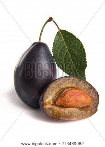 Ripe violet plum isolated on white background
