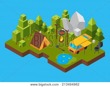 3d isometric landscape with camping in the forest. Outdoor fireplace. Outdoor fireplace with tent for picnic. Vector illustration