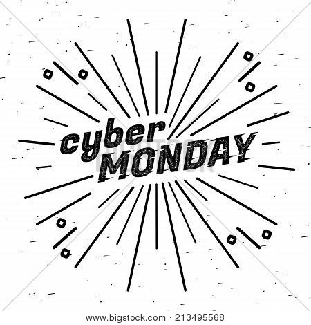 Cyber Monday Sale label. Template design web banner for cyber monday offer. Promotion design in glitch, retro style with geometric particle and rays.