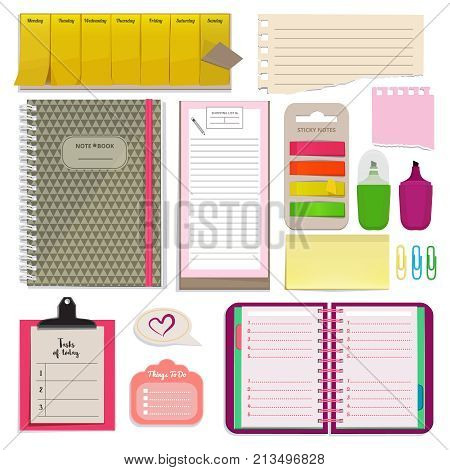 Different notebooks, notes, daily agendas and papers for organizer. Planner pad and organizer notebook. Vector page for note daily and schedule planner illustration