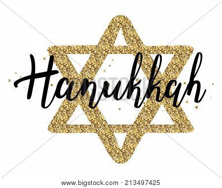 Vector illustration of Happy Hanukkah. Lettering text sign isolated on white background. Judaism symbol. Hanukkah logo for greeting card template