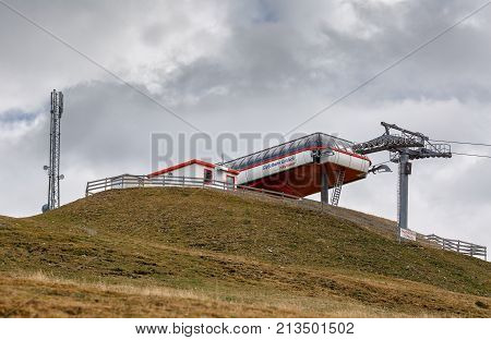 GOLDECK/ AUSTRIA - OCTOBER 8, 2017. Cable car station Skyliner of the ski resort Goldeck in the fall. Alps mountains, Carinthia, Austria.