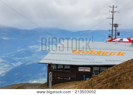 GOLDECK/ AUSTRIA - OCTOBER 8, 2017. Upper station Pendelbahn of the Goldeck cable car with the restaurant. Alps mountains, Carinthia, Austria.