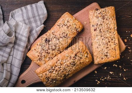 healthy bread with sesame seeds and seeds. top view