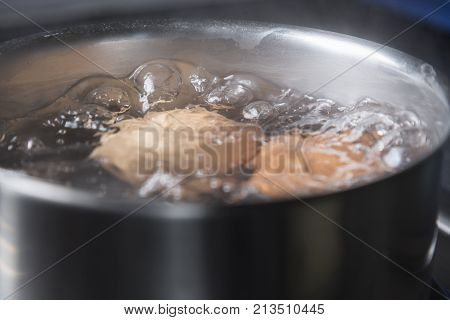 Eggs in boiling water in saucepan on electric hob