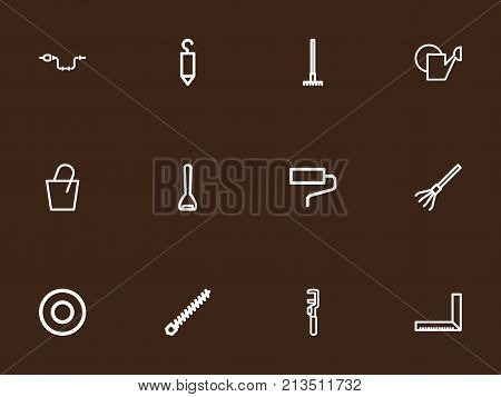 Set Of 12 Editable Tools Outline Icons. Includes Symbols Such As Pail, Harrow, Key And More