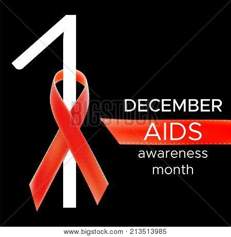 Vector realistic red riibon sign of aids and hiv awareness day and december month. design for poster card or banner