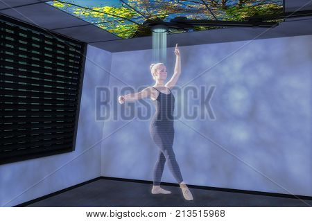 a hologram dancer in an apartment (3d rendering)
