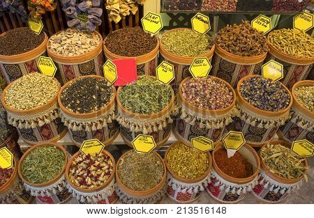 Seasoning spices and herbs in pots for sale - Kemer Turkey.