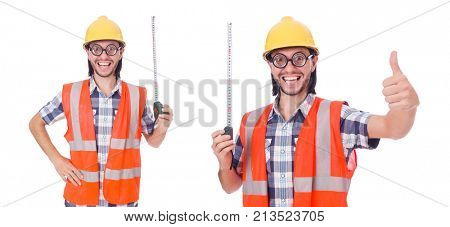 Funny constructon worker with tape-line isolated on white