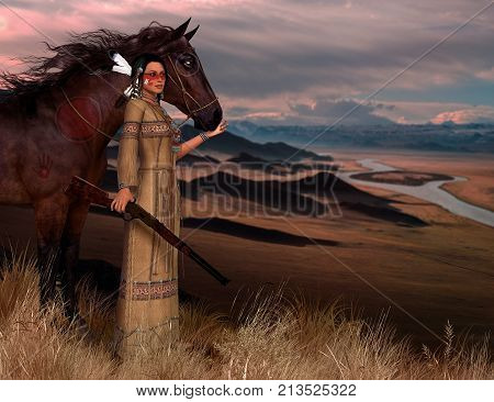 3D render of a beautiful native American Indian woman in traditional clothes wearing war paint carrying a rifle and her horse.