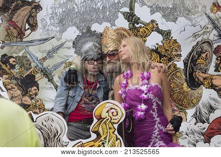 Kiev Ukraine - 30 July 2017: Participants in the Vedalife festival at the decorations of the Indian epic Mahabharata