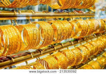 Jewelry in a shop window at Dubai Gold Souk