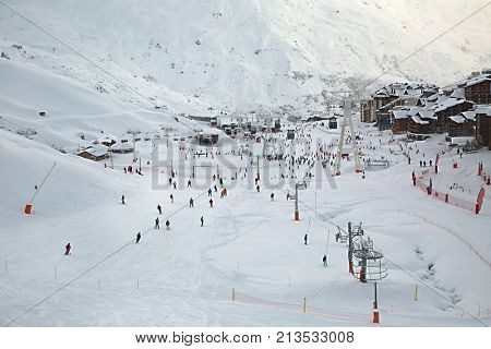 People skiing at Val Thorens ski resort in Les 3 Valles, France