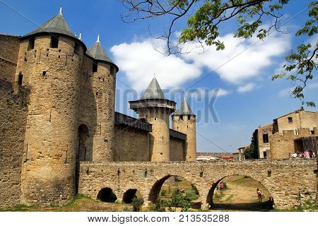 Carcassonne, Languedoc-roussillon, France - August 24 2017: Bridge Leading To The Chateau Comtal In